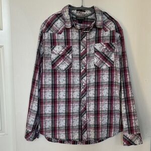 Mens Red Black Plaid Athletic Fit Western Rodeo Pearl Snap‎ Long Sleeve Shirt L